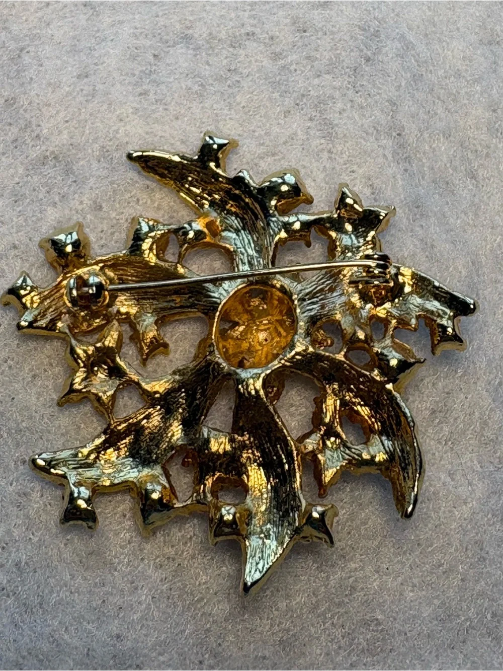 Vintage Gold Tone Floral Flower Spray Brooch With Aurora Borealis Rhinestones